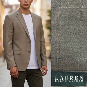 Ralph Lauren 42S Silk Wool Windowpane Plaid Tan 2-Button Blazer Jacket Coat